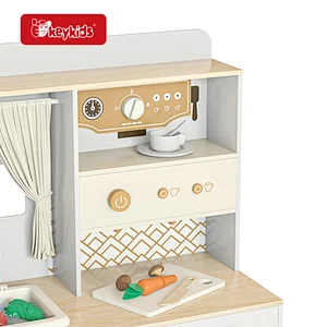 2024 New modern kids large wooden play kitchen with curtains for ages 3+ W10C899