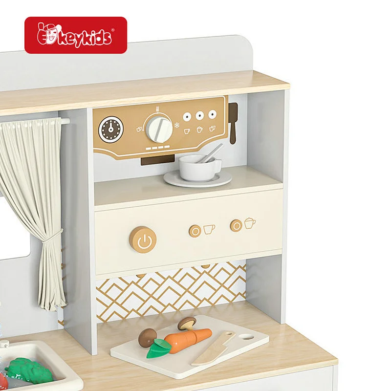 2024 New modern kids large wooden play kitchen with curtains for ages 3+ W10C899