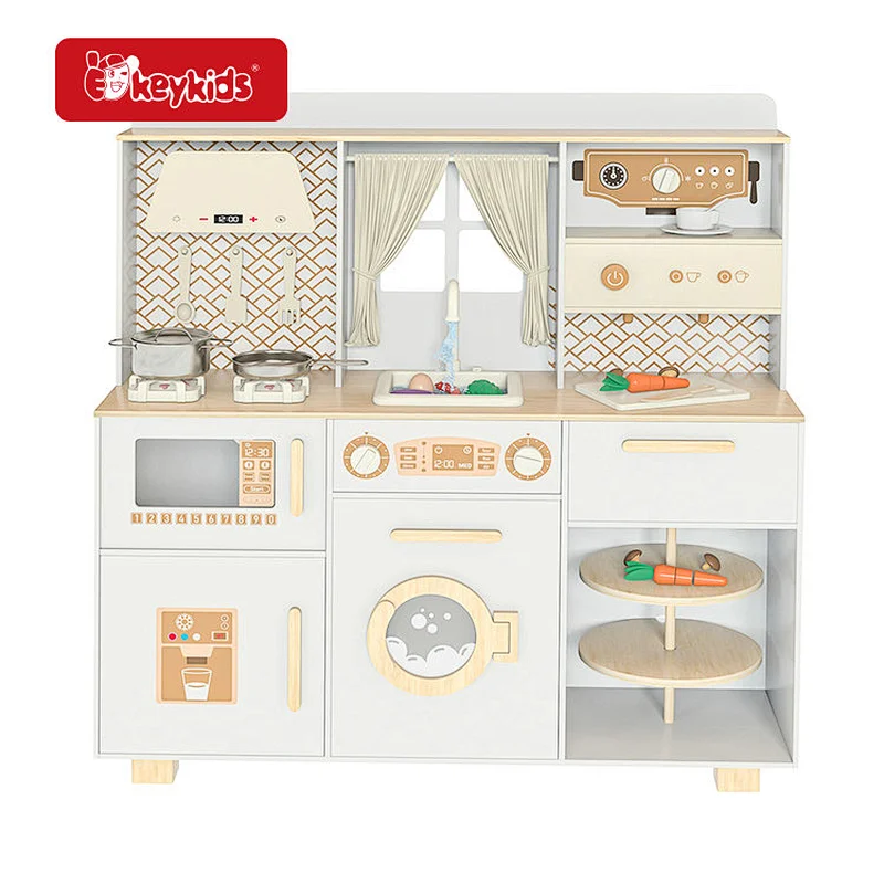 2024 New modern kids large wooden play kitchen with curtains for ages 3+ W10C899