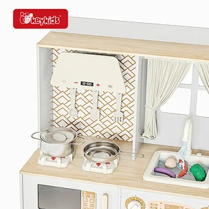 2024 New modern kids large wooden play kitchen with curtains for ages 3+ W10C899