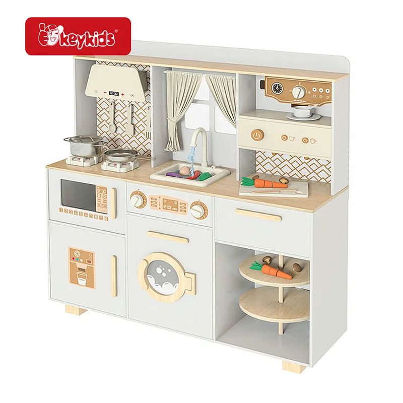2024 New modern kids large wooden play kitchen with curtains for ages 3+ W10C899